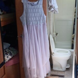 Fly curvy sleeveless formal silver floral lace light purple liner pink chiffon